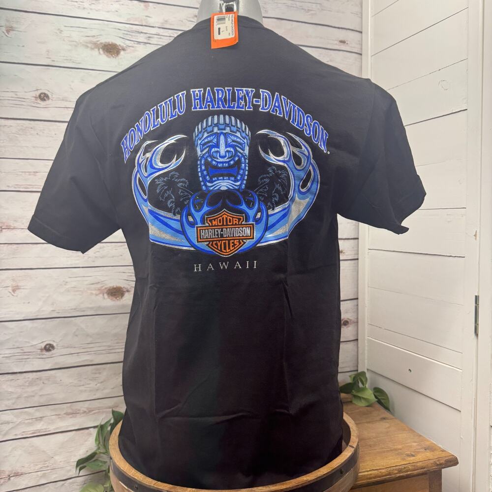 Pacific Harley Davidson Honolulu Blue Hawaii Tiki Ocean Wave Black T Shirt L VTG